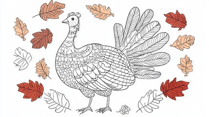 Minimalist drawing of a turkey with simple feather designs and festive elements for a coloring book.