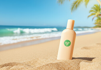 Plakat Cosmetic bottle is standing on the sand with ocean waves crashing in the background