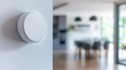 Smart smoke detector sensor mounted on wall, providing safety and security in modern home environment. Its sleek design complements contemporary interior decor