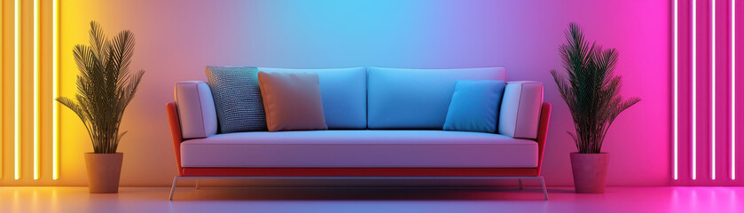 modern sofa with colorful cushions is illuminated by vibrant LED lights, creating stylish and inviting atmosphere. plants add touch of nature to contemporary setting