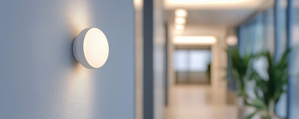 Modern motion sensor light fixture illuminating hallway, enhancing energy efficiency and safety. sleek design complements contemporary interiors, creating welcoming atmosphere