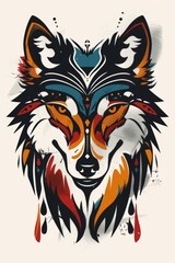 Fototapeta premium Minimalist wolf head with bright tribal designs.