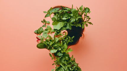 Profile of woman made from green leaves on pastel color background