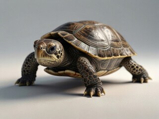 Obraz premium Shy small turtle on white background, side view. AI generated.