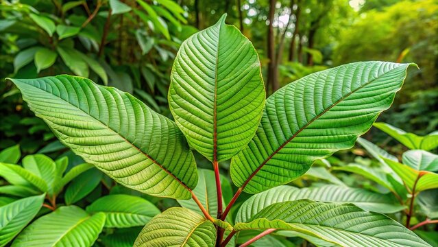 Green leaf background with kratom tree and dark plant leaves Mitragyna Speciosa Korth medicinal plants wide-angle