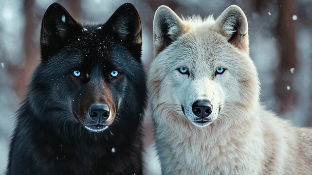 Two majestic stunning wolves, one black and one white, exhibit a close bond while surrounded by winter snow
