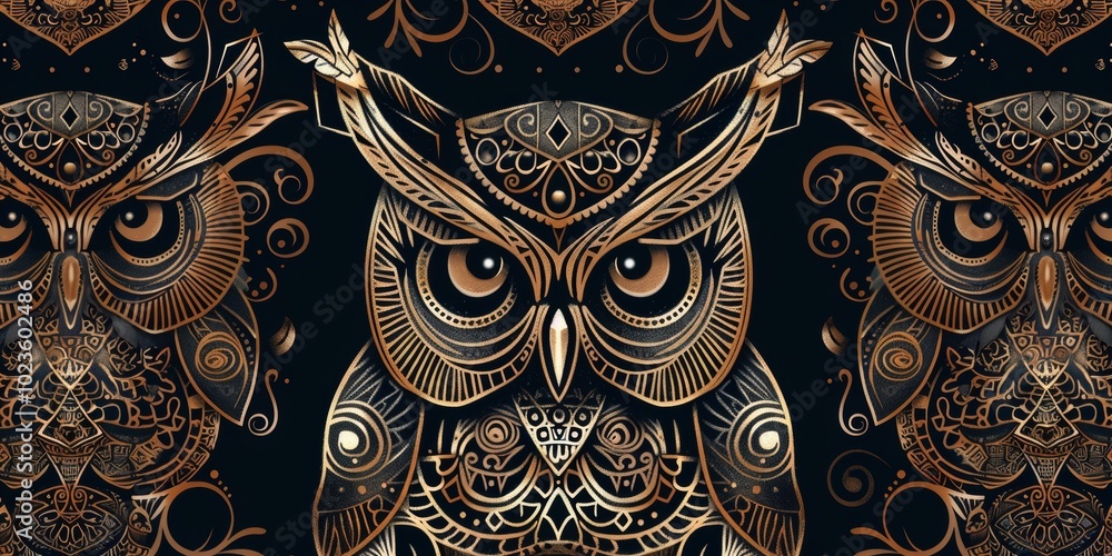Poster owl heads adorned with intricate tribal patterns in a repeating layout.