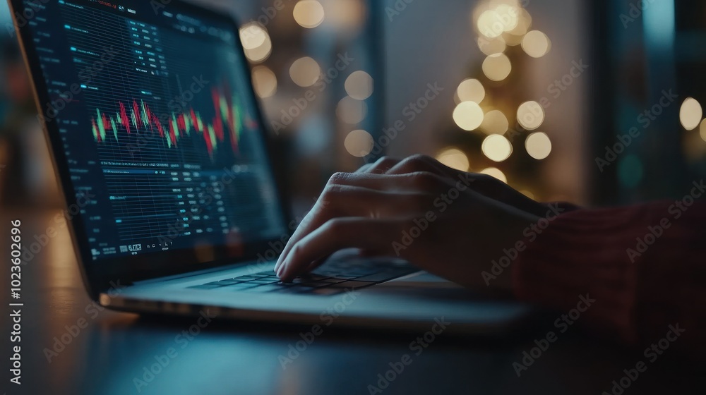 Poster person working on a laptop with financial data displayed on the screen