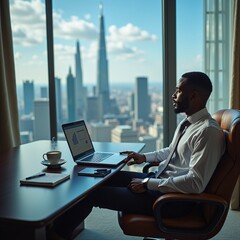 Confident businessman at high rise office desk