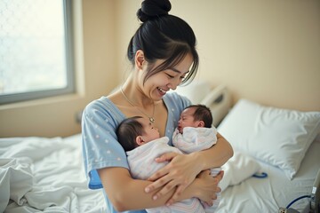 Exhausted Asian mother holding newborn twins in hospital room