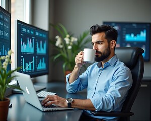 Hispanic Man Working on MacBook Pro at Modern Desk