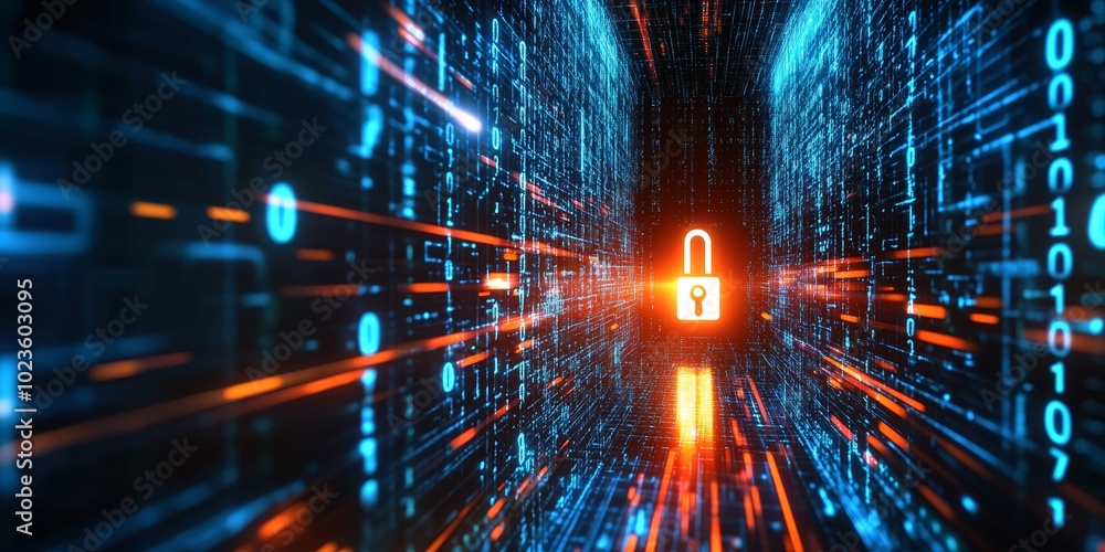Poster a glowing padlock in a digital corridor representing cybersecurity and data protection.