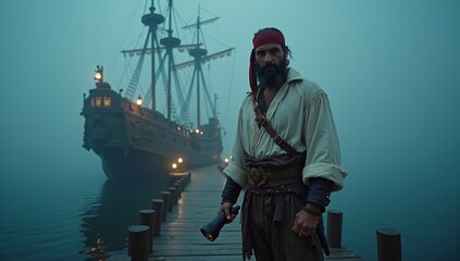 Middle Eastern pirate standing on foggy dock with ship