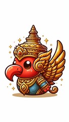 Fototapeta premium A cute cartoon image of an ancient Thai Garuda with a bright red face, detailed curves and beak, wearing an intricately decorated golden headdress. The Garuda's armor has sparkling blue, orange and li