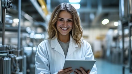 A woman in a white lab coat is smiling and holding a tablet