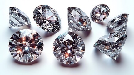 set of sparkling diamonds featuring various cuts and sizes isolated on a pristine white background each diamond reflecting light beautifully showcasing luxury and elegance in a minimalist style