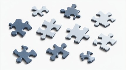 Blue and Grey Puzzle Pieces Scattered on White Background