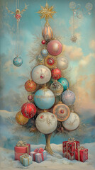 Vintage christmas decorations and tree with star.