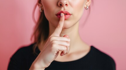 Naklejka premium Hush of Pink Serenity, Close-up portrait of a woman with lips slightly parted and finger placed on her lips against a soft pink background. The intimate setting evokes a sense of privacy.