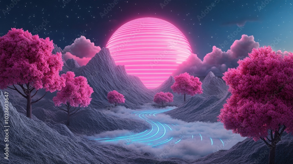 Aufkleber a digital landscape where neon lines and shapes create a surreal representation of virtual reality.
