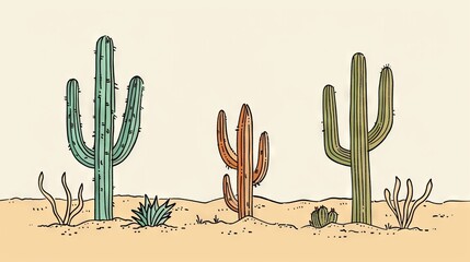 cactus on light backdrop. Abstract line drawing of plants in pastel colors, minimalist style. Wallpaper with leaves and flowers. Background with copy space. Floral Art for Contemporary Spaces