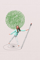 Vertical photo collage of crazy excited girl hold scribble pencil mess doodle psychotherapy...