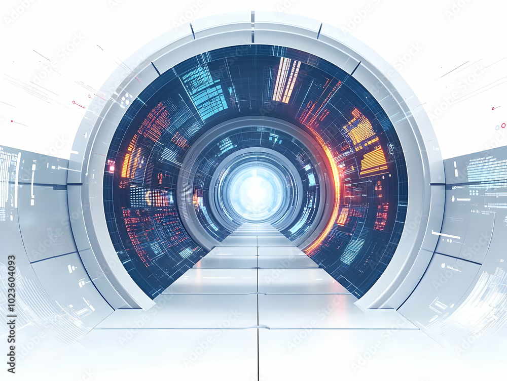 Poster flat time warped investment portal concept: explore future market conditions through a miniature wor