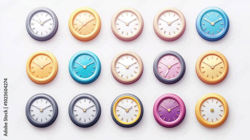 Poster A collection of colorful analog clocks on a white background