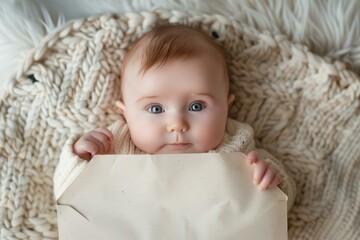 Adorable baby girl is lying on a knitted blanket, holding a blank envelope
