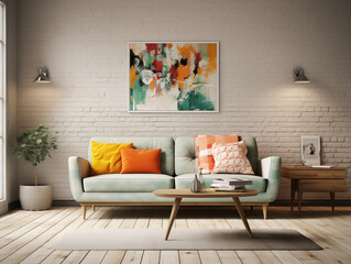 Mid century modern vintage living room with mint couch and coffee table, and artwork on the wall.