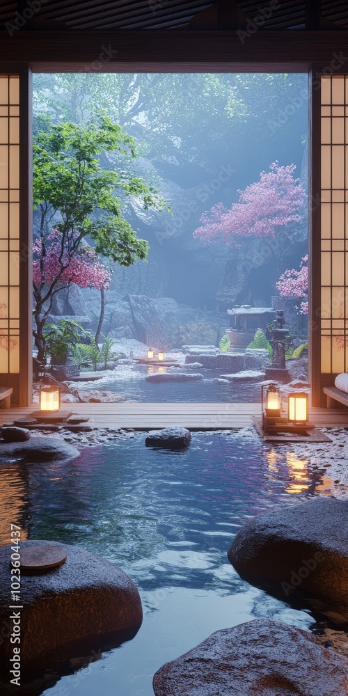 Poster a serene and peaceful scene of a pond with a bridge and trees in the background. the water is calm a