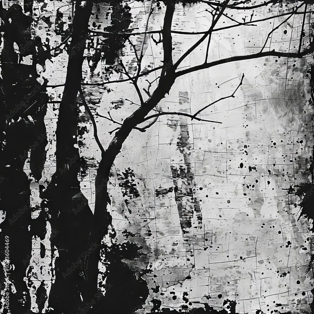Poster artistic black and white image of tree branches silhouetted against a textured background with a spl