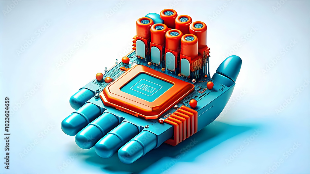 Aufkleber close-up macro shot of ai chip in robotic hand - intricate details showcasing technological progress