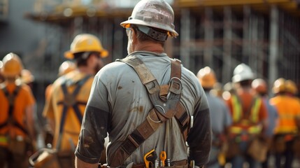 Naklejka premium A construction worker in orange safety vest and helmet standing on a construction site. He is wearing a tool belt with various tools hanging from it