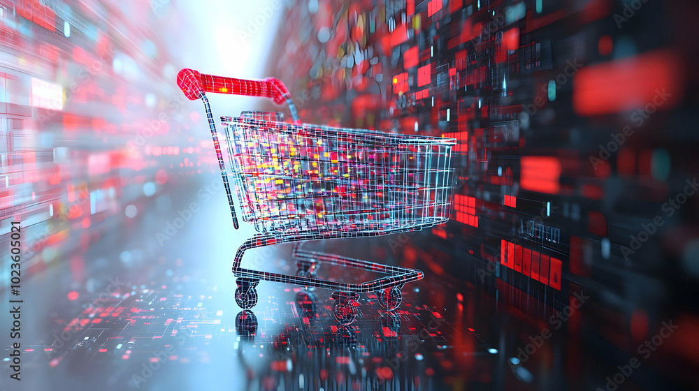 Poster 3d blurred shopping cart with dynamic data stream trail - e-commerce concept wide shot in icon style