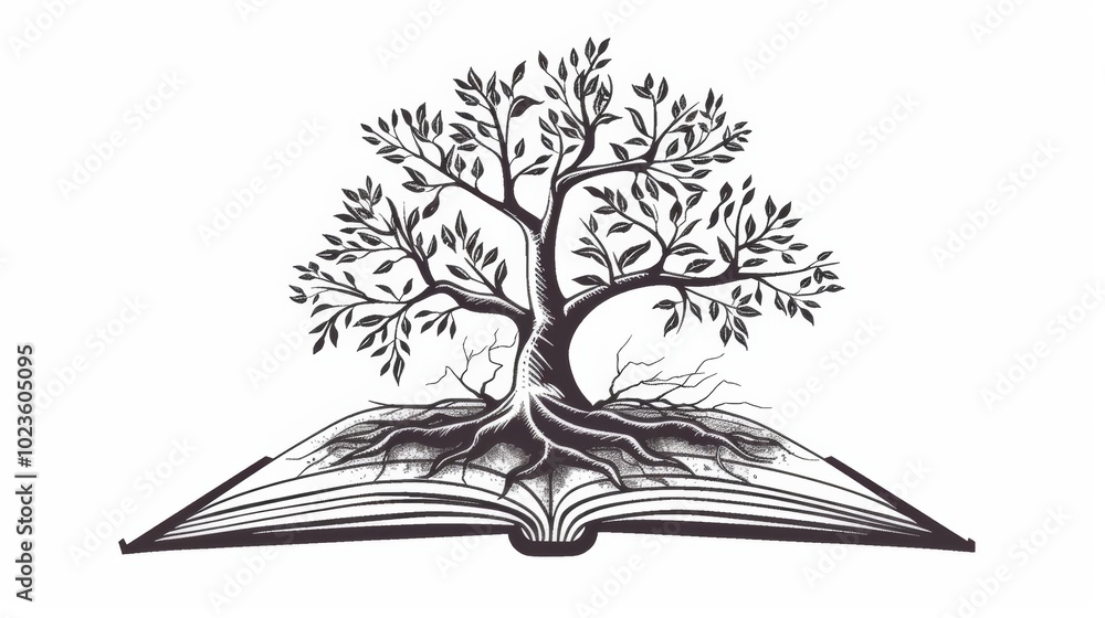Poster simple line drawing of a tree with roots in a book.