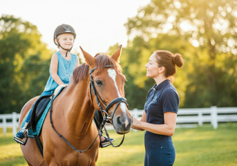 Riding instructor is standing next to a young girl on a horse in an equestrian center