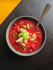 Traditional Ukrainian Borscht: Top View of Vibrant Beet Soup