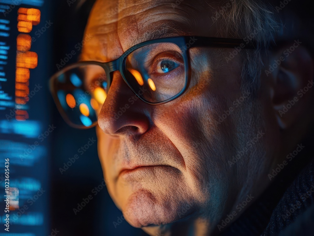 Poster an experienced older adult in glasses focused on coding, illuminated by computer screen light, refle