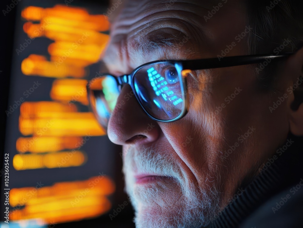 Poster an experienced older adult in glasses focused on coding, illuminated by computer screen light, refle