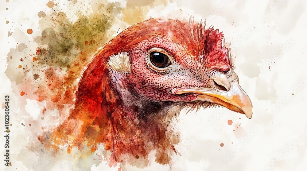 Poster a close up of a chicken's head with a red and white pattern