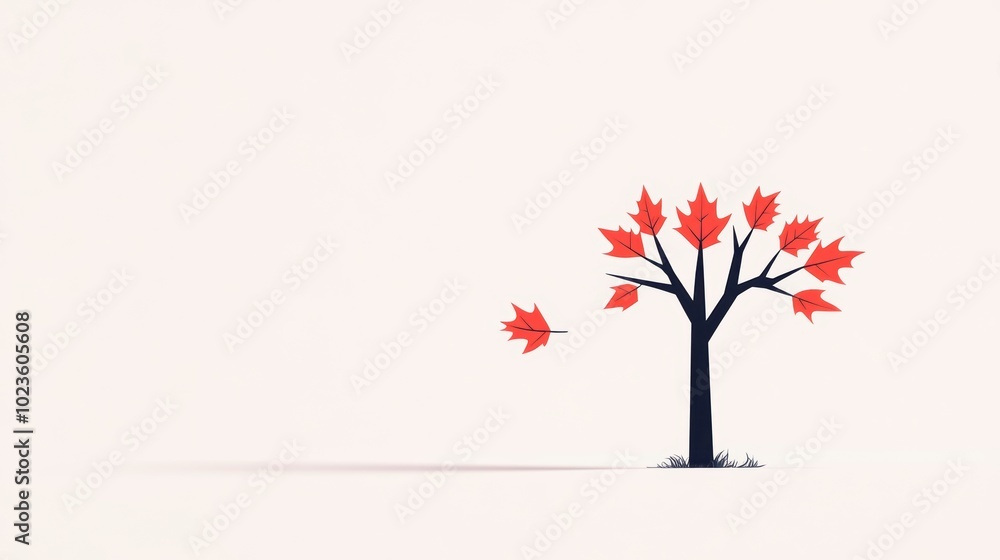Poster a minimalist illustration of a single leaf falling from a tree, emphasizing the delicate and fluid n