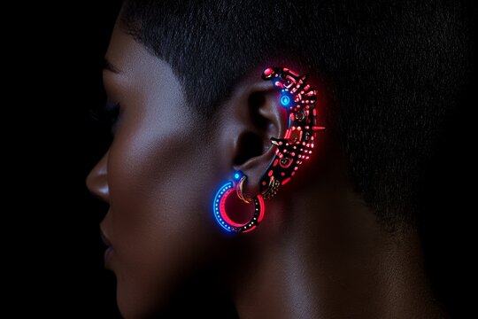 3D-rendered depiction of a stylish ear with multiple digital piercings, including floating hoops and glowing studs, in a sleek, futuristic design