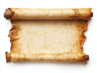 ancient parchment scroll unfurled on a pristine white background, suggesting wisdom and history, with an elegant, age-worn texture for an authentic feel