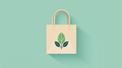 Eco-Friendly Shopping Bag: Sustainable Design.  A beige tote bag with a minimalist green leaf logo sits on a teal background, promoting eco-conscious consumerism.