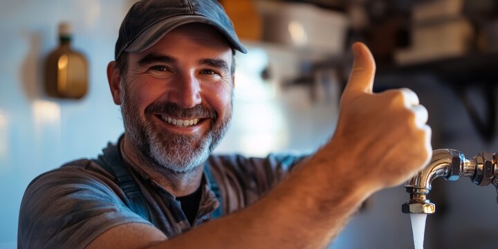 Smiling Caucasian man giving a thumbs up in a workshop setting with tools around.