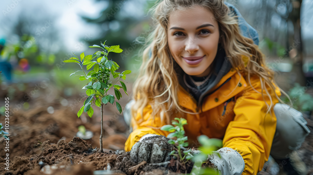 Wall mural woman is planting a tree in the dirt. she is wearing a yellow jacket and gloves. concept of hard wor