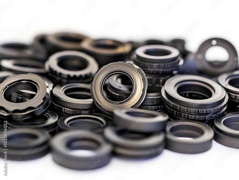 Poster array of meticulously arranged automotive gaskets, showcasing their precision and uniformity against