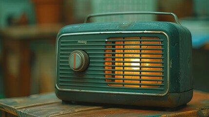Vintage radio with glowing dial emitting static and crackling sounds on wooden table, surrounded by old-fashioned furniture, evoking a nostalgic atmosphere.