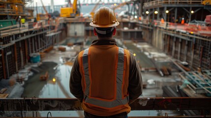 Fototapeta premium A construction worker in orange safety vest and helmet standing on a construction site. He is wearing a tool belt with various tools hanging from it